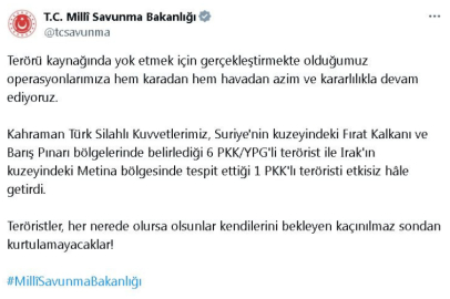 MSB: Suriye ve Irak'ın kuzeyinde 7 terörist etkisiz hale getirildi