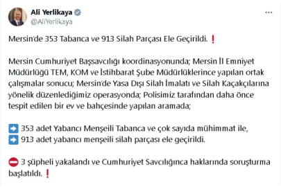 Mersin'de 353 Tabanca ve 913 Yabancı Menşeli Silah Parçası Ele Geçirildi